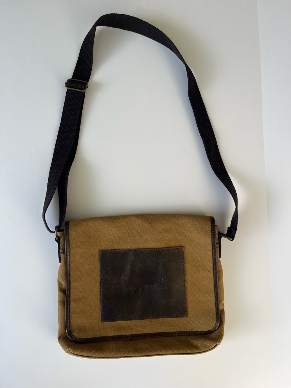Canvas Messenger Bag with Leather Buffalo Patch